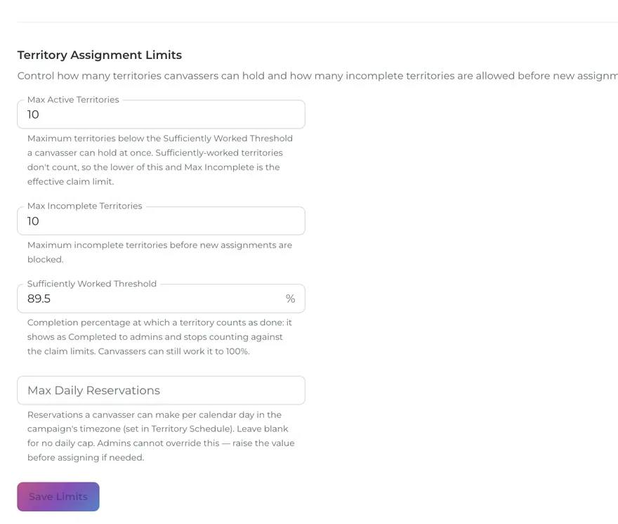 Territory assignment limits in the admin console: max active territories, max incomplete territories, completion threshold, and daily reservation caps