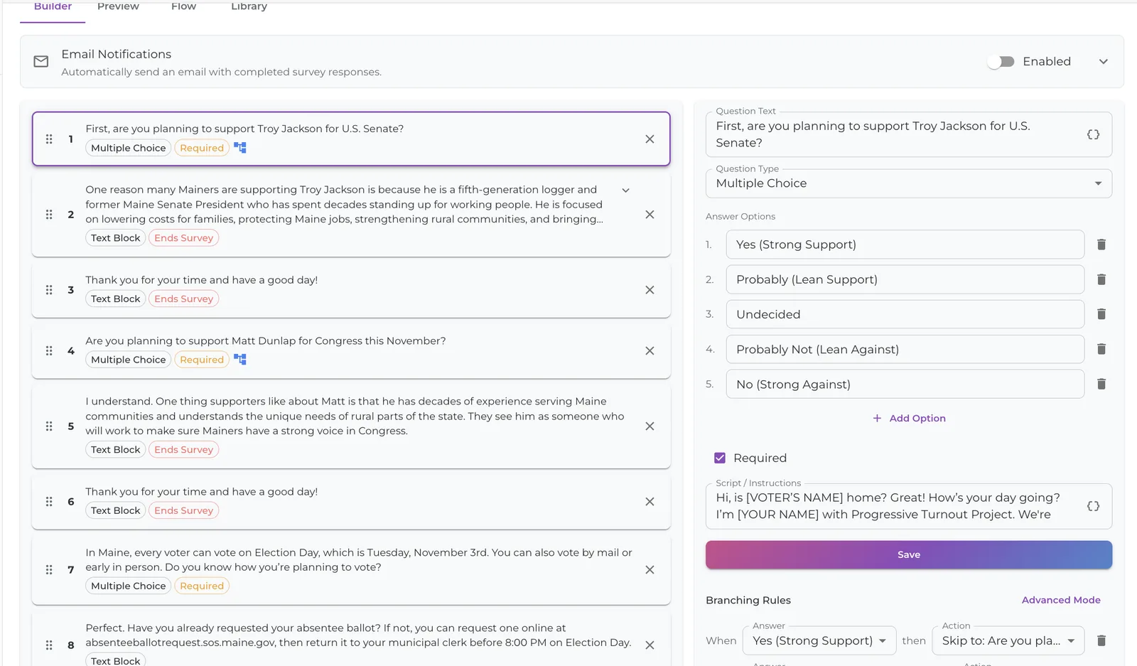The survey builder: a question list with multiple choice and text blocks on the left, answer options, script text, and branching rules on the right