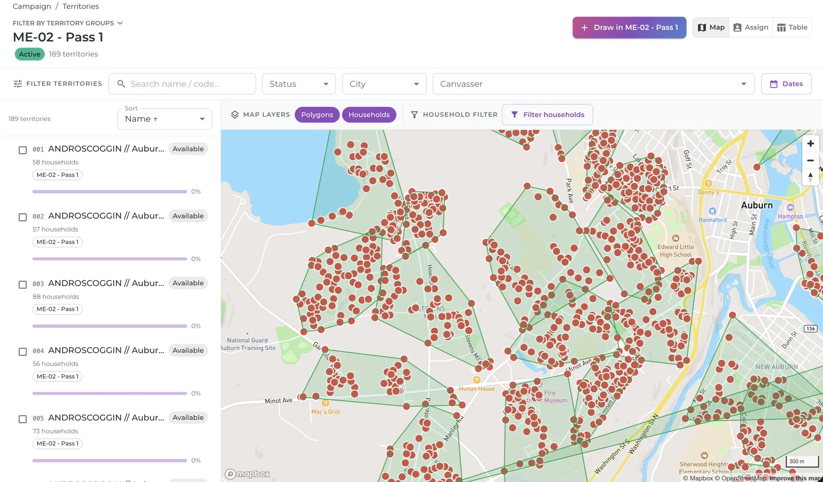 The admin territory map: 189 territories drawn over a city with every household shown as a dot inside its boundary
