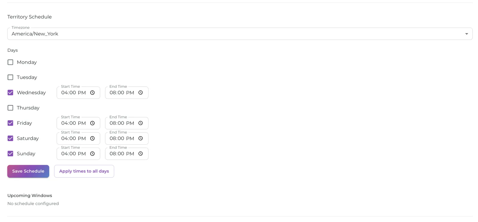A territory schedule in the admin console: timezone, knocking days, and start and end times per day