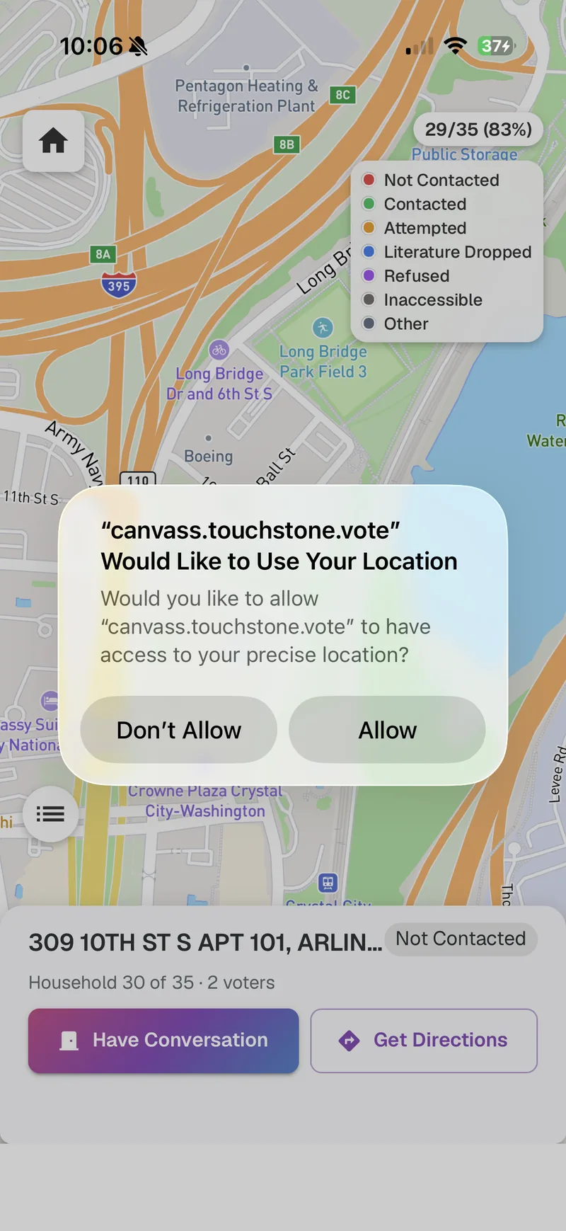 The canvasser app requesting precise location before door knocking begins, over a live map of household statuses