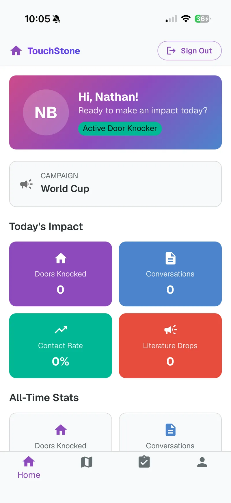 The canvasser app's home screen with today's doors, conversations, and contact rate