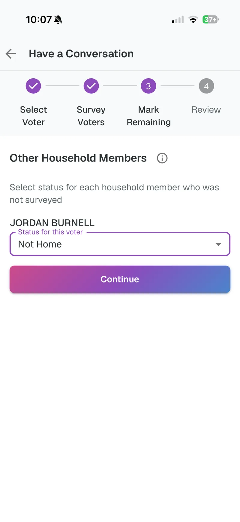The canvasser app recording a status for each household member who was not surveyed