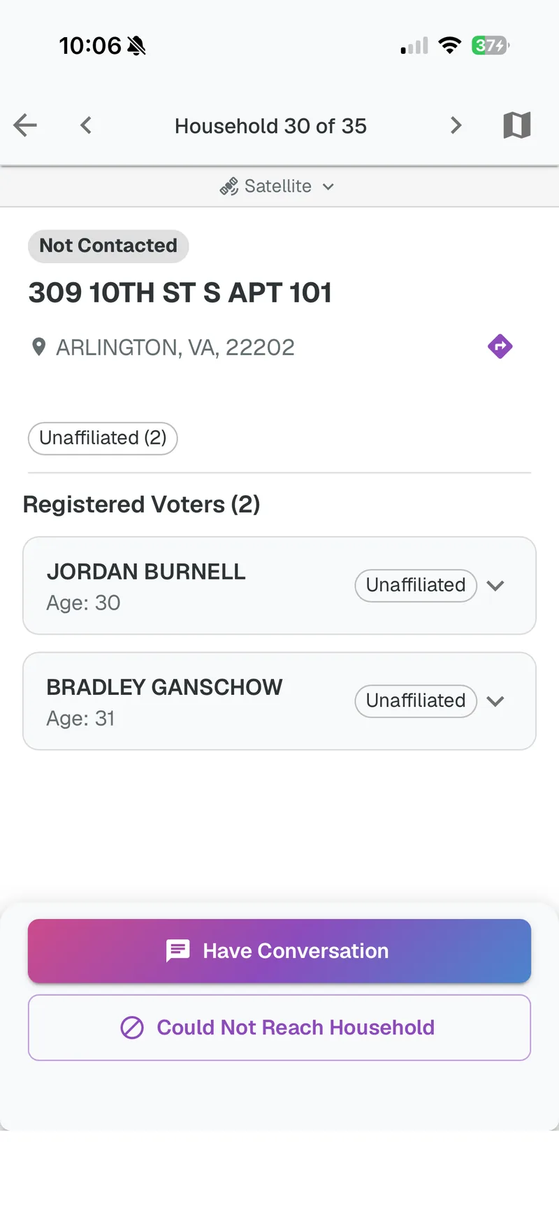 A household card in the canvasser app listing its registered voters with party registration and age