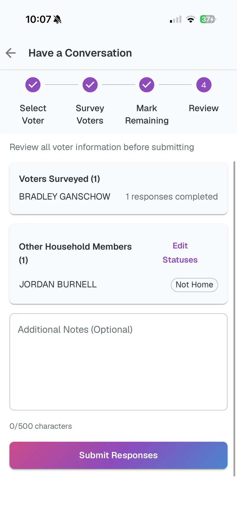 The review step in the canvasser app: voters surveyed, statuses for other household members, and optional notes before submitting