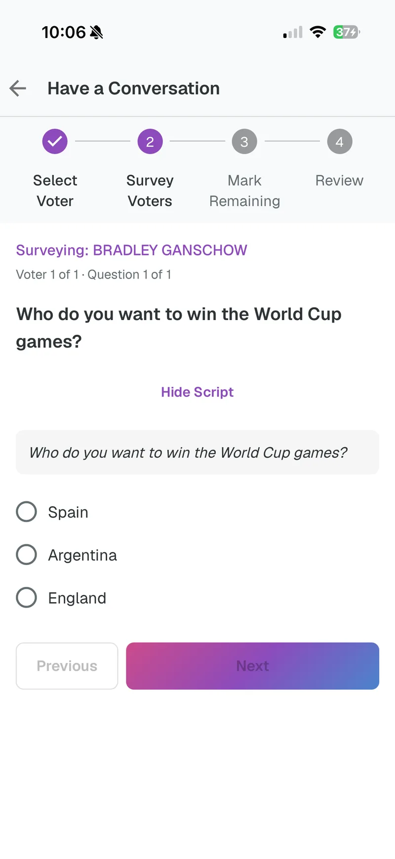 A survey question in the canvasser app with the door script shown above the answer choices