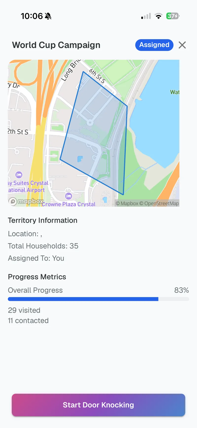 A single territory in the canvasser app: its boundary on the map, household count, and completion progress